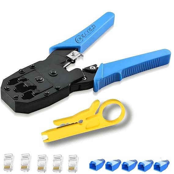 COOLCOLD 3-in-1 RJ45 Crimping Tool Kit – Wire Stripper, Cutter & Crimper for RJ45, RJ11, RJ12, Cat5e/Cat6 LAN Cable with 5 Connectors & 5 Boot Covers – Blue